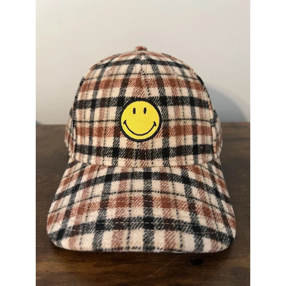 Aerie Plaid Smiley Face Baseball Cap Adjustable Flannel Hat One‎ Size